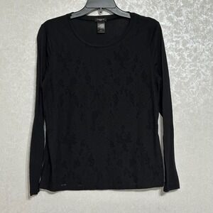 Ann Taylor Petite Black Long‎ Sleeve Top Floral Lace Overlay Blouse LP